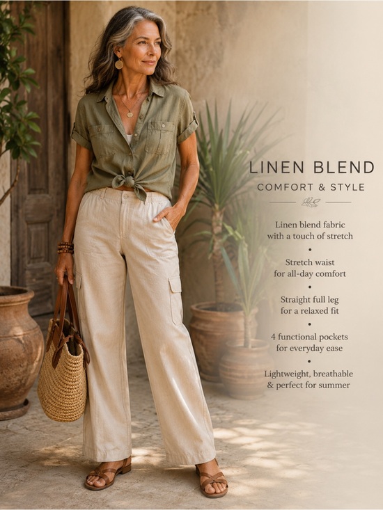 Pants - Linen-Blend Wide Leg Cargo Pants - Cream/oatmeal colour